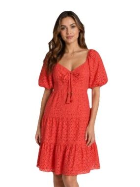 Vince Camuto Coral Eyelet Dress Tiered Puff Sleeve V Neck Cutout - Back $168 NWT